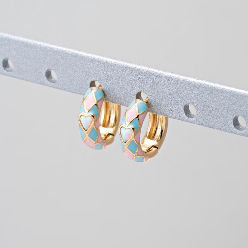 Gold Tone Pastel Enamel Heart Huggie Earrings - Pink & Blue